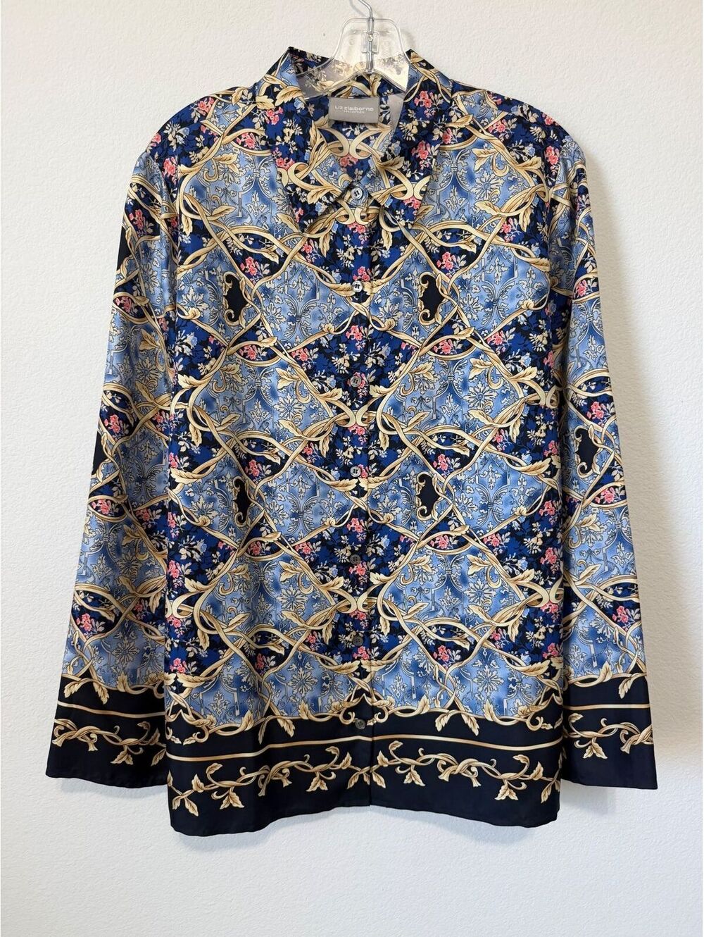 Liz Claiborne Collection 100% Silk Button Up Baroque Floral Blouse Size 16